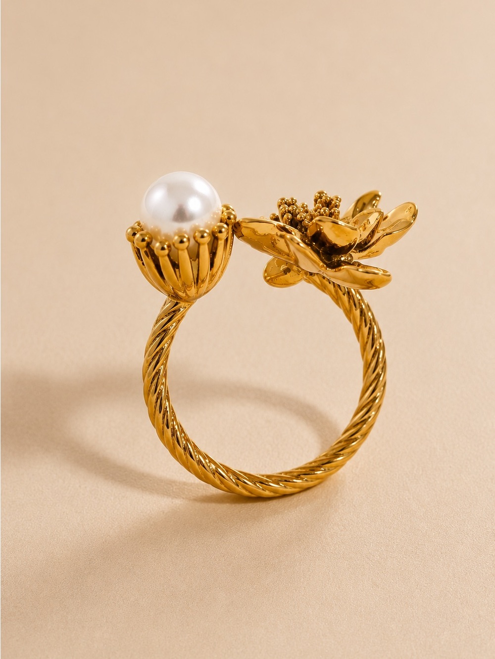 Gold plated Floral Pearl Open Ring - Picture 3 of 7